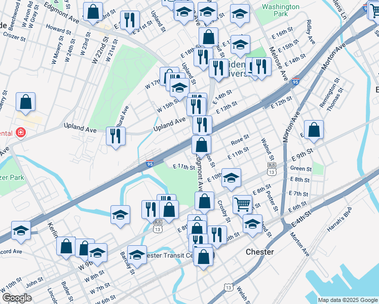 map of restaurants, bars, coffee shops, grocery stores, and more near 201 East 12th Street in Chester