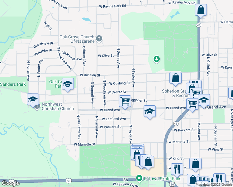 map of restaurants, bars, coffee shops, grocery stores, and more near 1710 West Center Street in Decatur