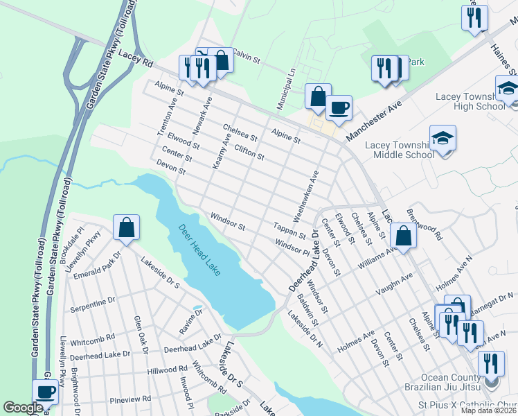 map of restaurants, bars, coffee shops, grocery stores, and more near 832 Devon Street in Lacey Township