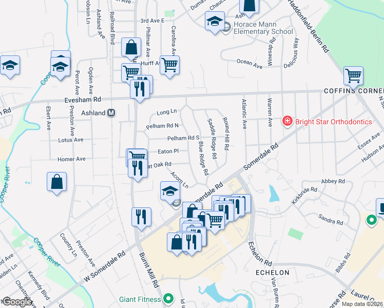 map of restaurants, bars, coffee shops, grocery stores, and more near 120 Eaton Place in Voorhees Township