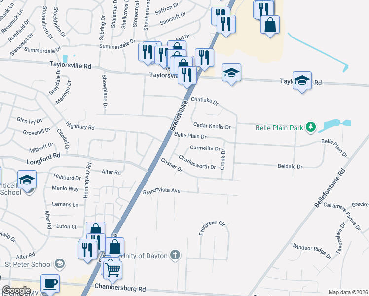 map of restaurants, bars, coffee shops, grocery stores, and more near 7220 Belle Plain Drive in Dayton