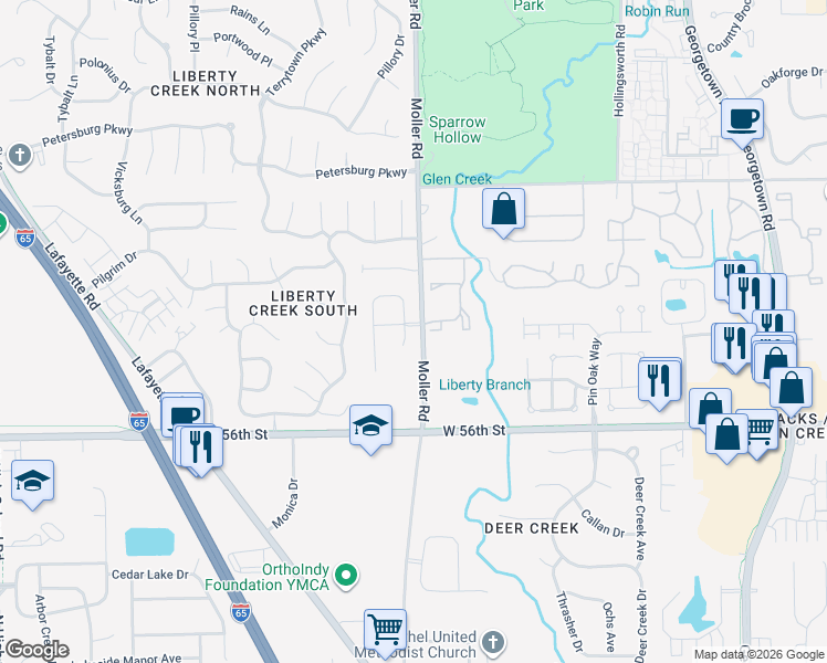 map of restaurants, bars, coffee shops, grocery stores, and more near 5749 Rosemont Drive in Indianapolis