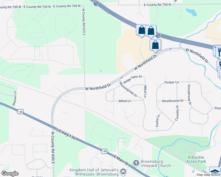 map of restaurants, bars, coffee shops, grocery stores, and more near 728 Ridge Gate Drive in Brownsburg
