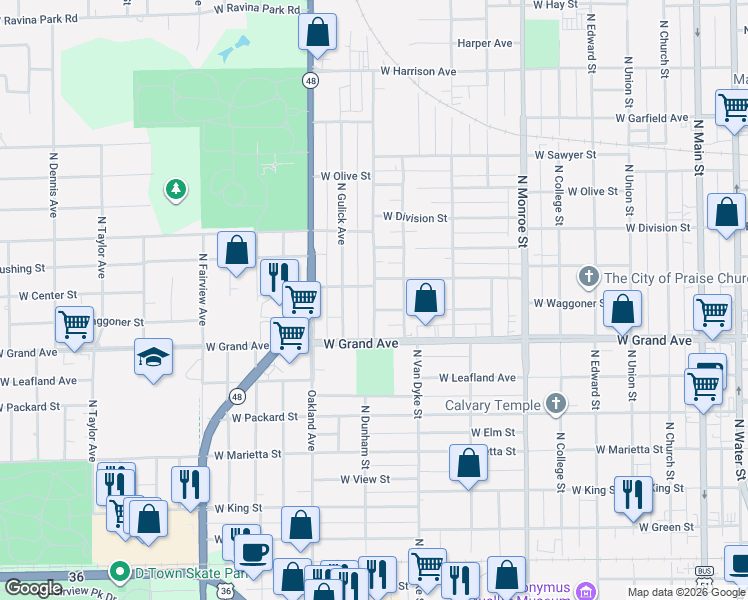 map of restaurants, bars, coffee shops, grocery stores, and more near 885-999 W Center St in Decatur