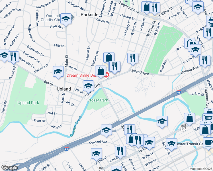 map of restaurants, bars, coffee shops, grocery stores, and more near 1510 Parker Street in Chester