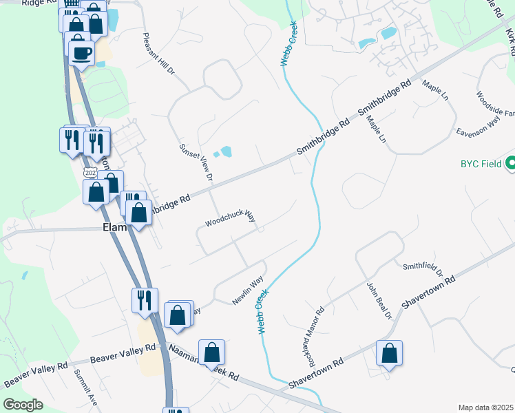 map of restaurants, bars, coffee shops, grocery stores, and more near 19 Woodchuck Way in Glen Mills