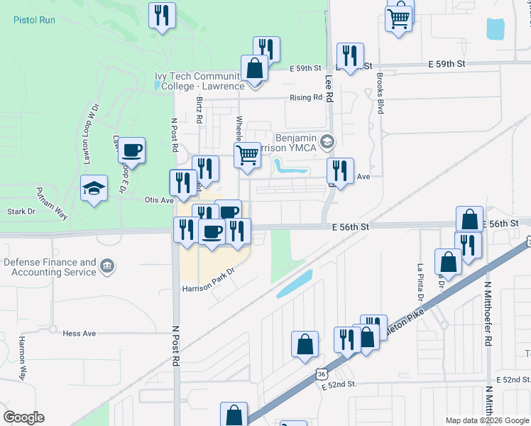map of restaurants, bars, coffee shops, grocery stores, and more near 5611 Lawrence Village Parkway in Indianapolis