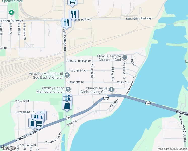 map of restaurants, bars, coffee shops, grocery stores, and more near 1130 North James Street in Decatur