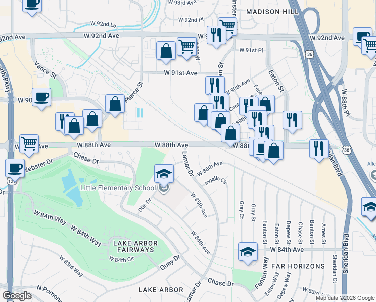 map of restaurants, bars, coffee shops, grocery stores, and more near in Arvada