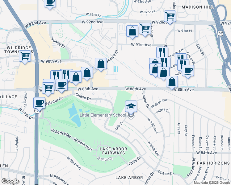 map of restaurants, bars, coffee shops, grocery stores, and more near 8782 Pierce Way in Arvada