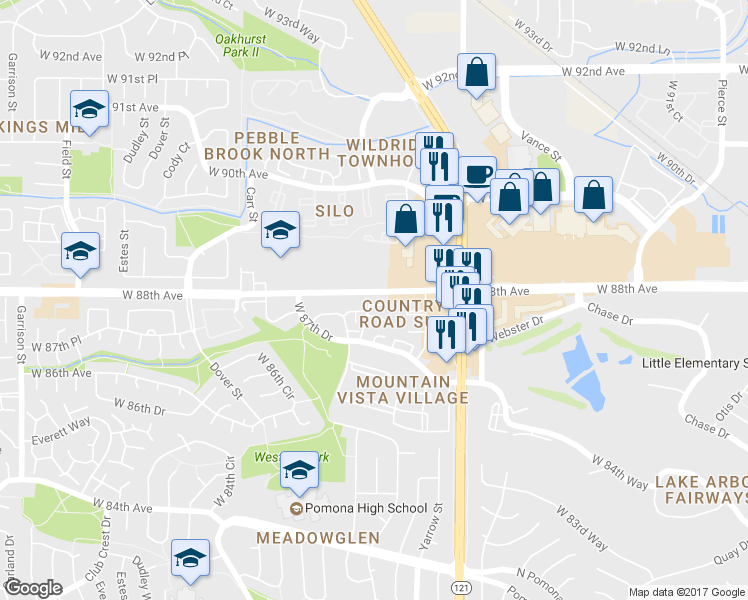 map of restaurants, bars, coffee shops, grocery stores, and more near 7873 West 87th Drive in Arvada