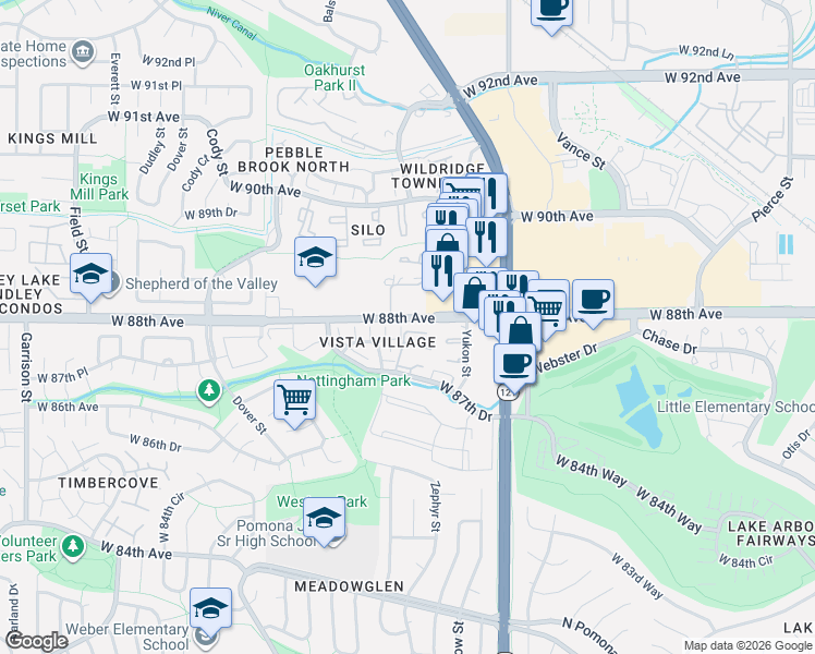 map of restaurants, bars, coffee shops, grocery stores, and more near 7873 West 87th Drive in Arvada