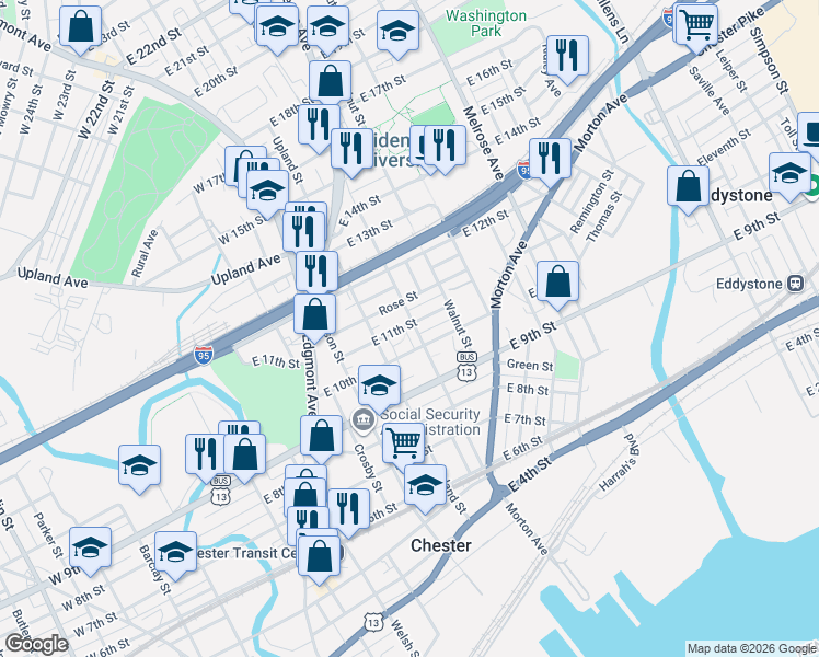map of restaurants, bars, coffee shops, grocery stores, and more near 1109 Potter Street in Chester