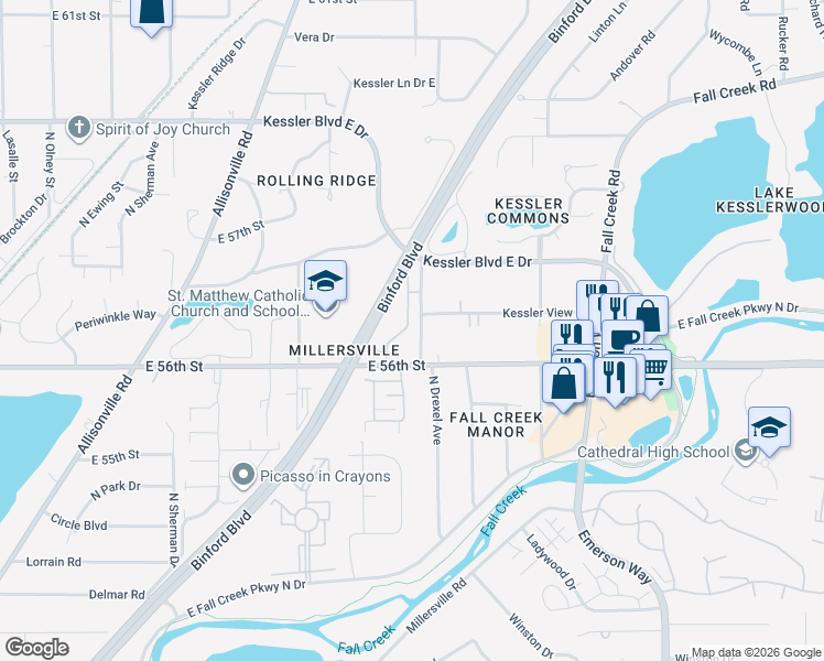 map of restaurants, bars, coffee shops, grocery stores, and more near 5658 Brownstone Drive in Indianapolis