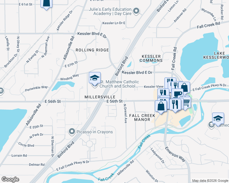 map of restaurants, bars, coffee shops, grocery stores, and more near 5658 Brownstone Drive in Indianapolis