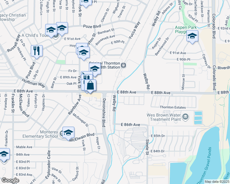 map of restaurants, bars, coffee shops, grocery stores, and more near East 88th Avenue & Welby Road in Denver