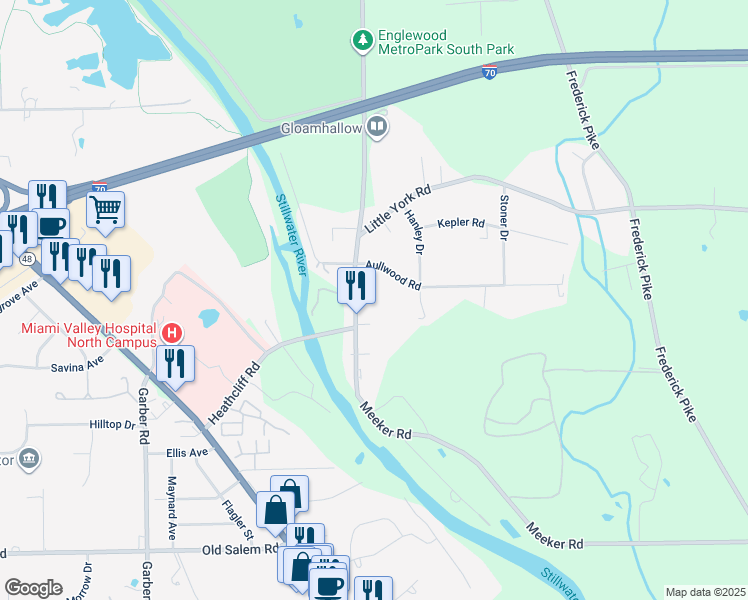 map of restaurants, bars, coffee shops, grocery stores, and more near 8900 Meeker Road in Dayton