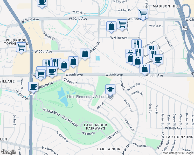 map of restaurants, bars, coffee shops, grocery stores, and more near 8782 Pierce Way in Arvada