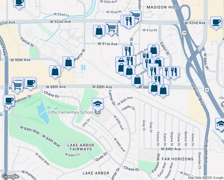 map of restaurants, bars, coffee shops, grocery stores, and more near in Arvada