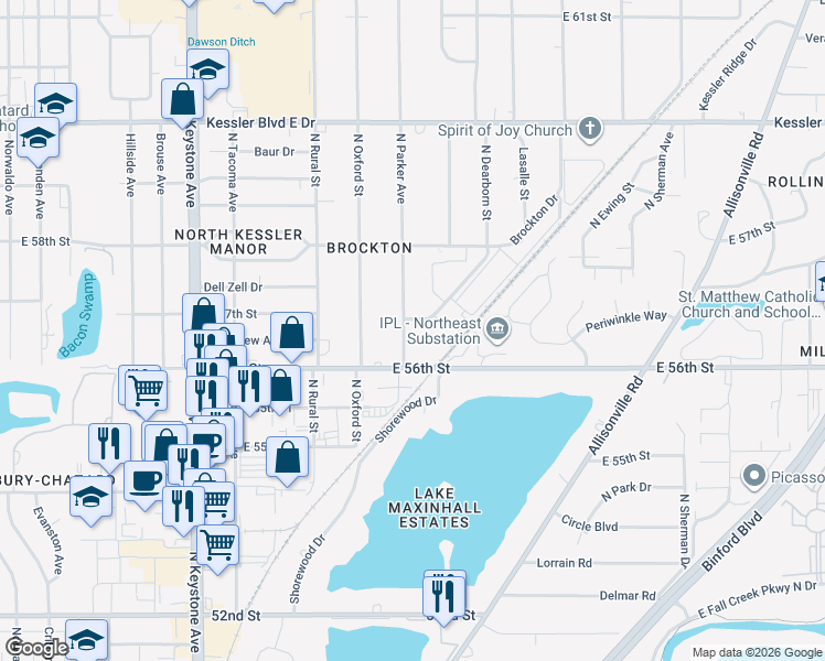 map of restaurants, bars, coffee shops, grocery stores, and more near 5649 North Parker Avenue in Indianapolis
