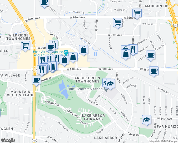 map of restaurants, bars, coffee shops, grocery stores, and more near 8771 Pierce Way in Arvada