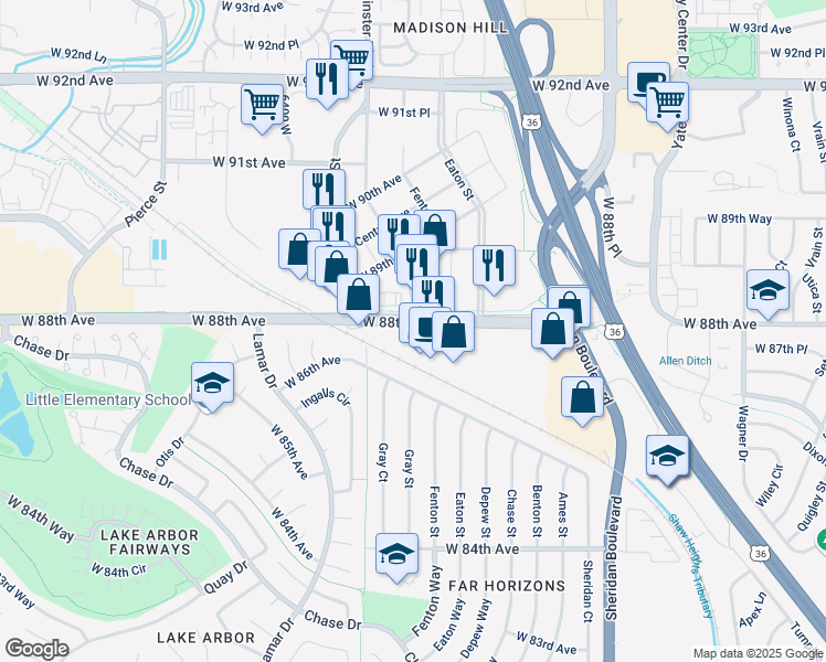 map of restaurants, bars, coffee shops, grocery stores, and more near 5697 West 88th Avenue in Westminster