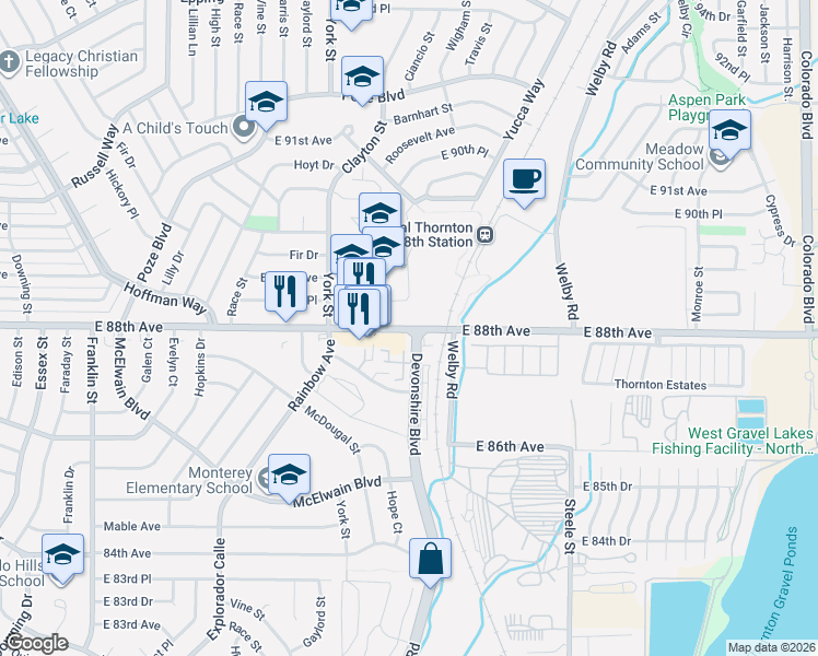 map of restaurants, bars, coffee shops, grocery stores, and more near 2431 East 88th Avenue in Thornton