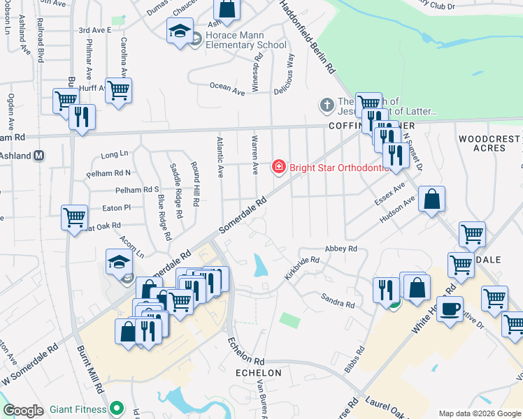 map of restaurants, bars, coffee shops, grocery stores, and more near 1055 Pendleton Court in Voorhees Township