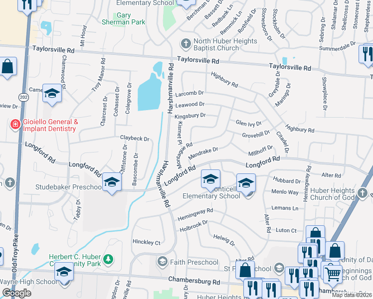 map of restaurants, bars, coffee shops, grocery stores, and more near 7116 Montague Road in Dayton