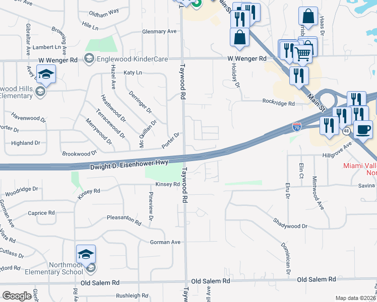 map of restaurants, bars, coffee shops, grocery stores, and more near 1107 Taywood Road in Englewood