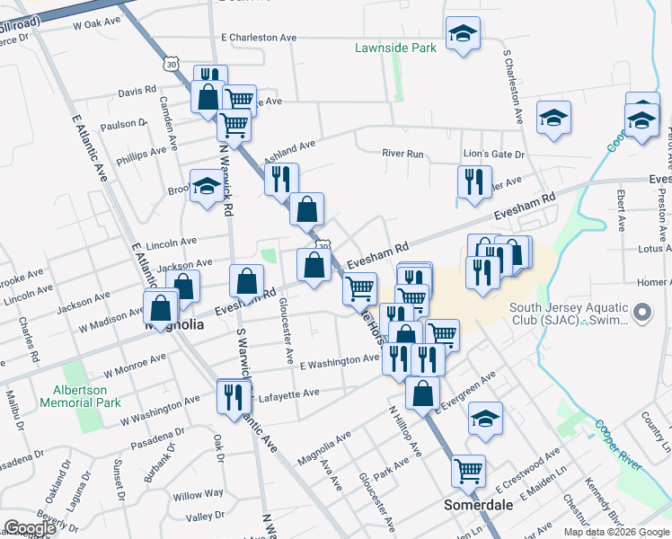 map of restaurants, bars, coffee shops, grocery stores, and more near 100 North White Horse Pike in Magnolia