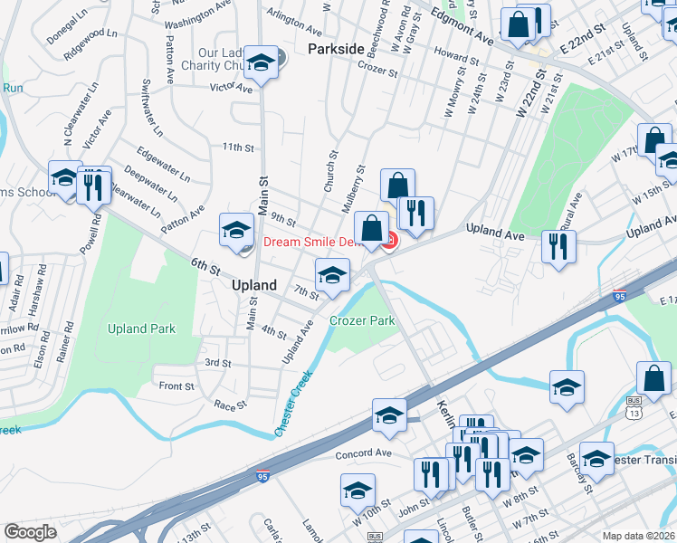 map of restaurants, bars, coffee shops, grocery stores, and more near in Upland