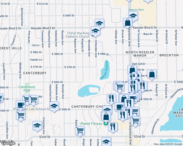 map of restaurants, bars, coffee shops, grocery stores, and more near 5663 Norwaldo Avenue in Indianapolis