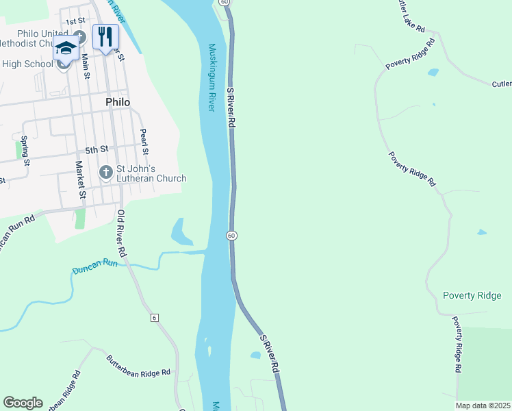 map of restaurants, bars, coffee shops, grocery stores, and more near 6020 South River Road in Blue Rock