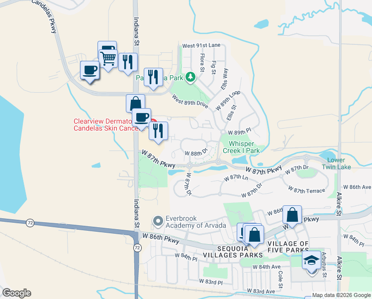 map of restaurants, bars, coffee shops, grocery stores, and more near 14358 West 88th Place in Arvada