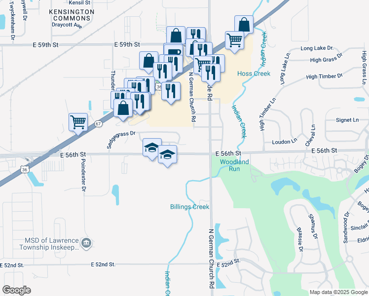 map of restaurants, bars, coffee shops, grocery stores, and more near 10827 Tanbark Drive in Indianapolis