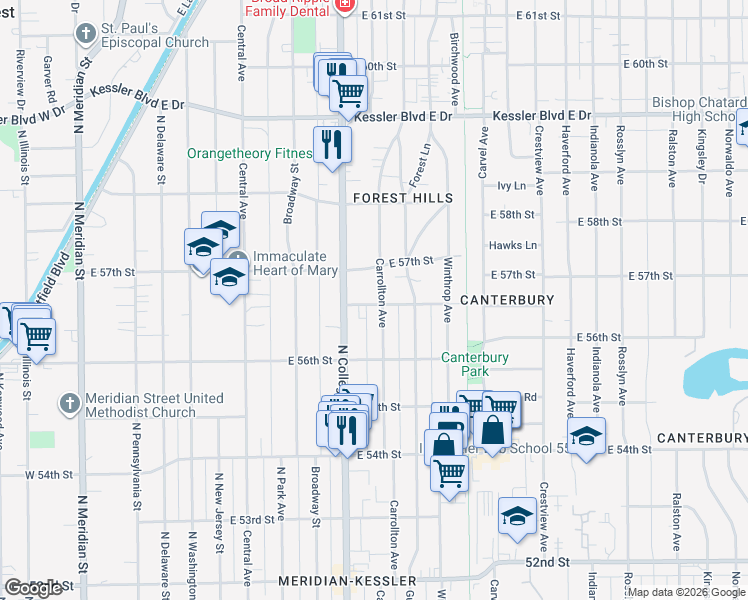 map of restaurants, bars, coffee shops, grocery stores, and more near 722 Northview Avenue in Indianapolis