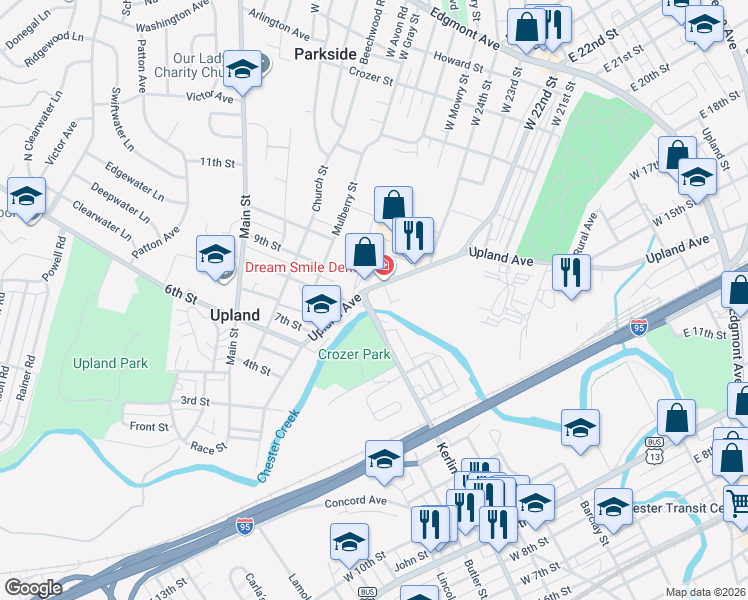 map of restaurants, bars, coffee shops, grocery stores, and more near 812 Upland Avenue in Chester