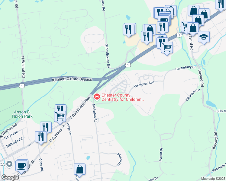map of restaurants, bars, coffee shops, grocery stores, and more near 308 Victoria Gardens Drive in Kennett Square