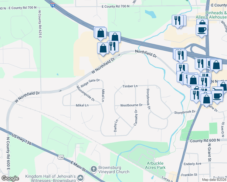 map of restaurants, bars, coffee shops, grocery stores, and more near 21 North Tocovi Court in Brownsburg
