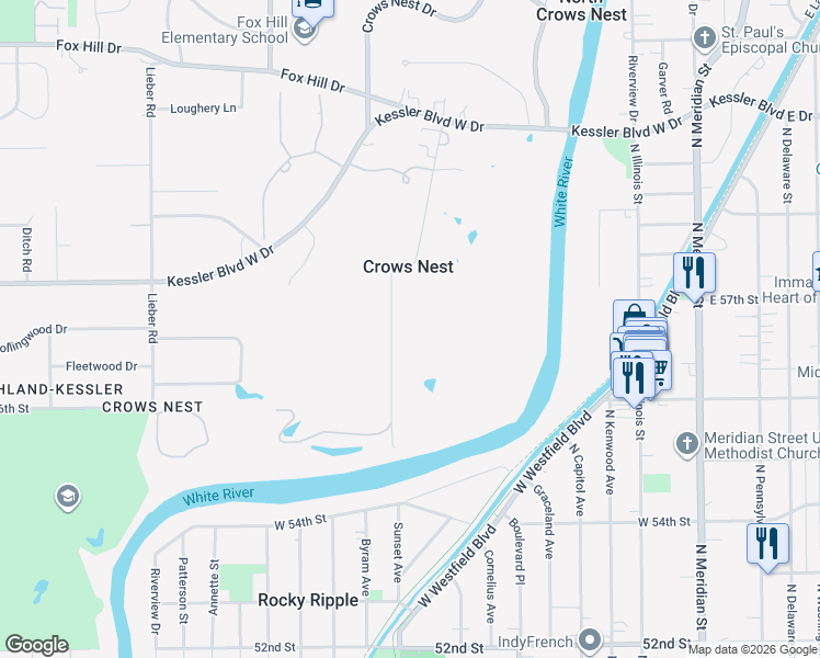 map of restaurants, bars, coffee shops, grocery stores, and more near 5635 Sunset Lane in Indianapolis