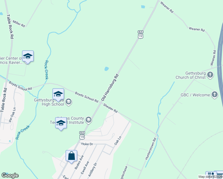 map of restaurants, bars, coffee shops, grocery stores, and more near 1265 Old Harrisburg Road in Gettysburg