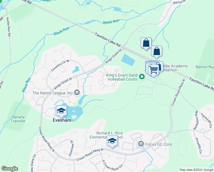 map of restaurants, bars, coffee shops, grocery stores, and more near 108 Woodlake Drive in Evesham