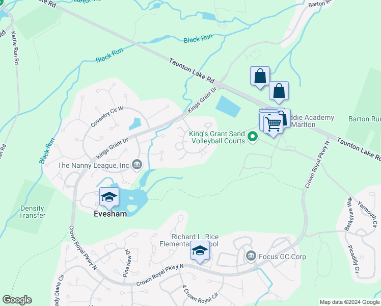 map of restaurants, bars, coffee shops, grocery stores, and more near 108 Woodlake Drive in Evesham Township