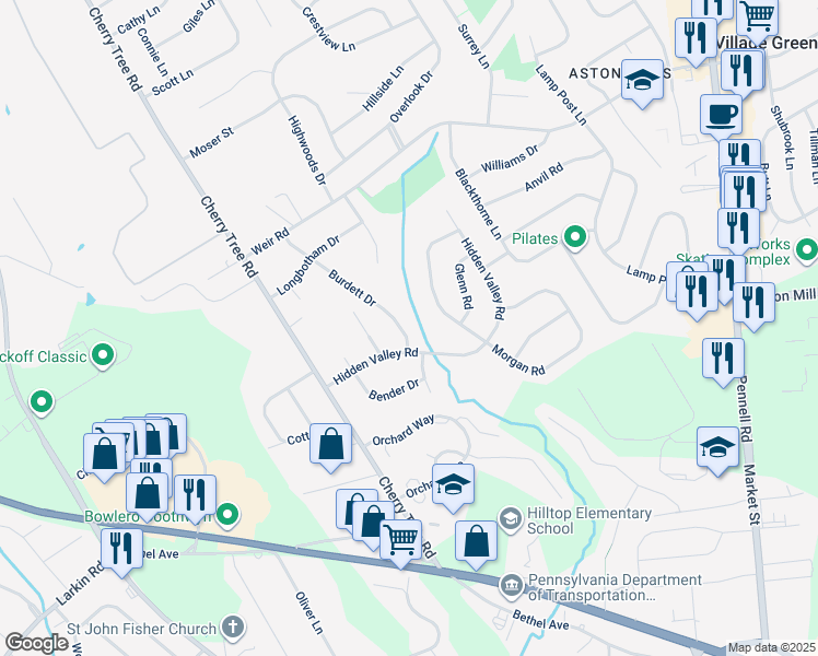 map of restaurants, bars, coffee shops, grocery stores, and more near 709 Burdett Drive in Delaware County