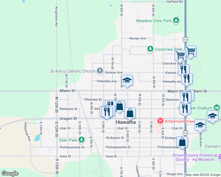 map of restaurants, bars, coffee shops, grocery stores, and more near 704 Miami Street in Hiawatha