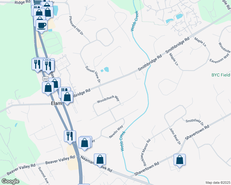 map of restaurants, bars, coffee shops, grocery stores, and more near 19 Woodchuck Way in Glen Mills