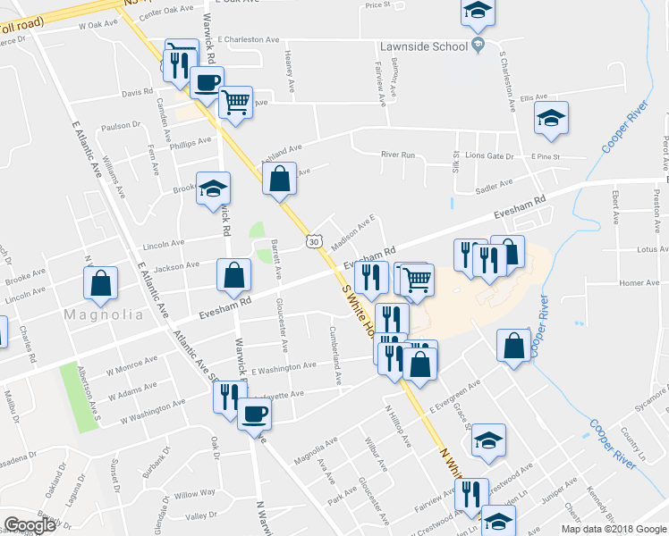 map of restaurants, bars, coffee shops, grocery stores, and more near 100 North White Horse Pike in Magnolia