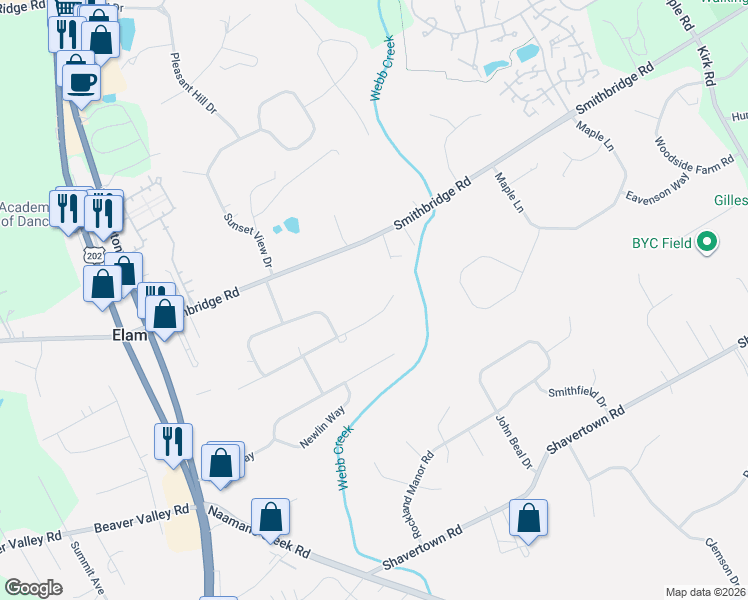 map of restaurants, bars, coffee shops, grocery stores, and more near 9 Running Brook Road in Garnet Valley