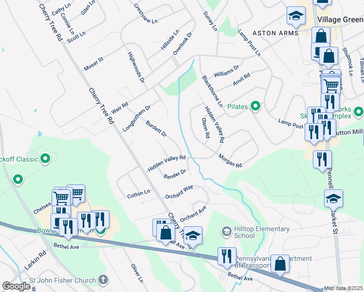 map of restaurants, bars, coffee shops, grocery stores, and more near 709 Burdett Drive in Delaware County
